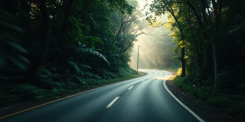 Obraz premium A scenic winding road through a lush green forest, bathed in the golden rays of sunrise