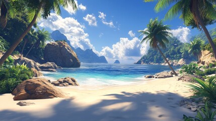 Beautiful Beach with Palm Trees, Rocks, Blue Sky, White Sand, and Bright Colors - Photorealistic Image for Travel or Vacation Themes