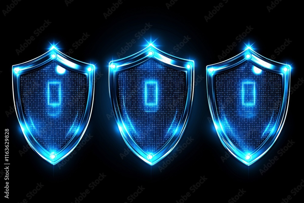 Poster cybersecurity shields defending digital infrastructure with advanced technological interface