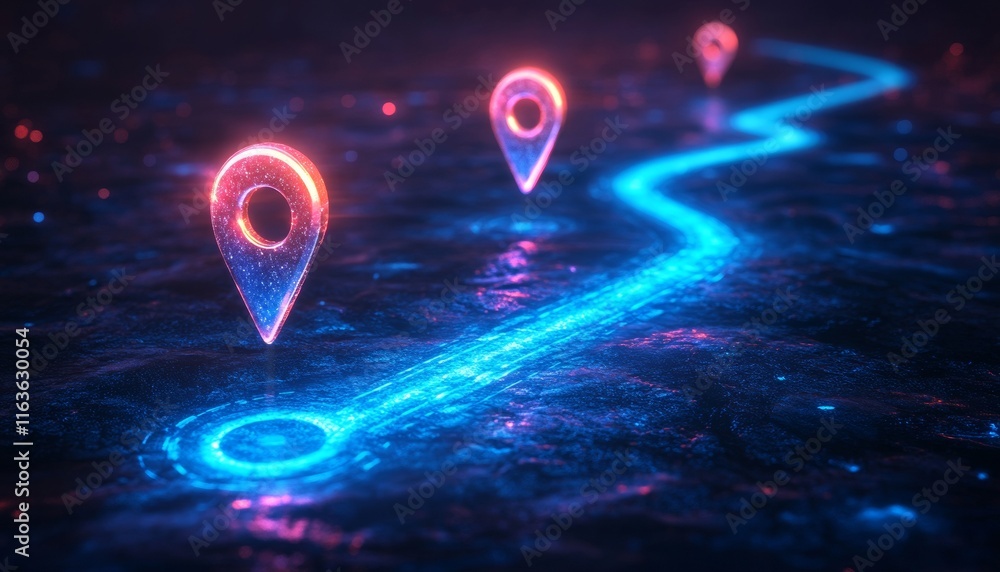 Poster a blue glowing path with three location pins on a dark background in a minimalist illustration style