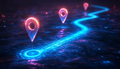A blue glowing path with three location pins on a dark background in a minimalist illustration style, ideal for navigation or direction themes
