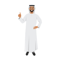 Man in traditional thobe giving thumbs up gesture. Flat vector character illustration