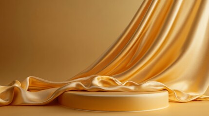 Obraz premium Minimalist gold background for product display, with a smooth round pedestal and flowing gold silk cloth in the foreground. 
