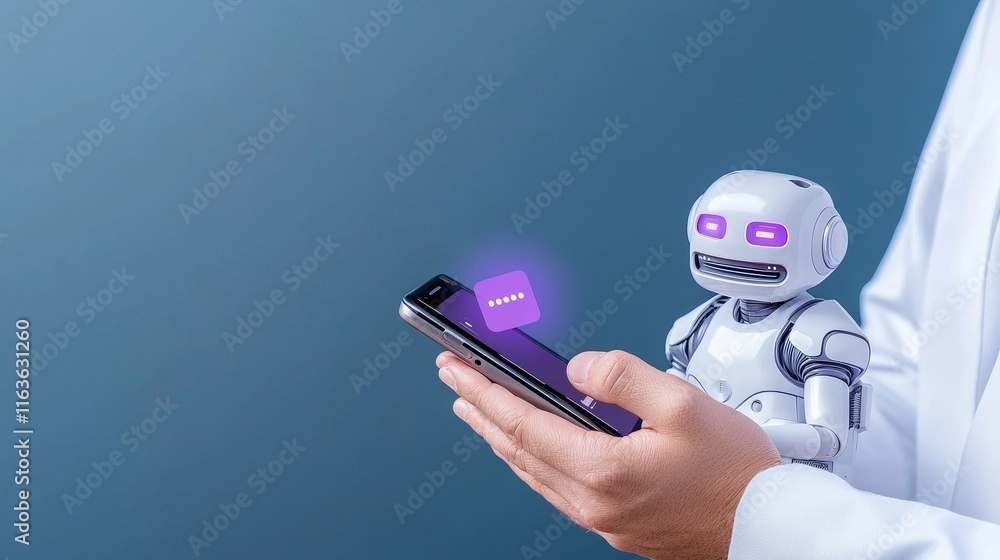 Poster a businessman employs his smartphone to access a digital chatbot, robot application, and conversatio