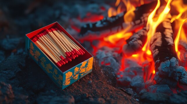 Box of red-tipped matches near glowing campfire embers outdoors