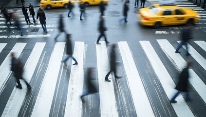 Fototapeta premium Pedestrians Crossing City Street: Urban Life in Motion, Blurred Movement and Transportation Dynamics