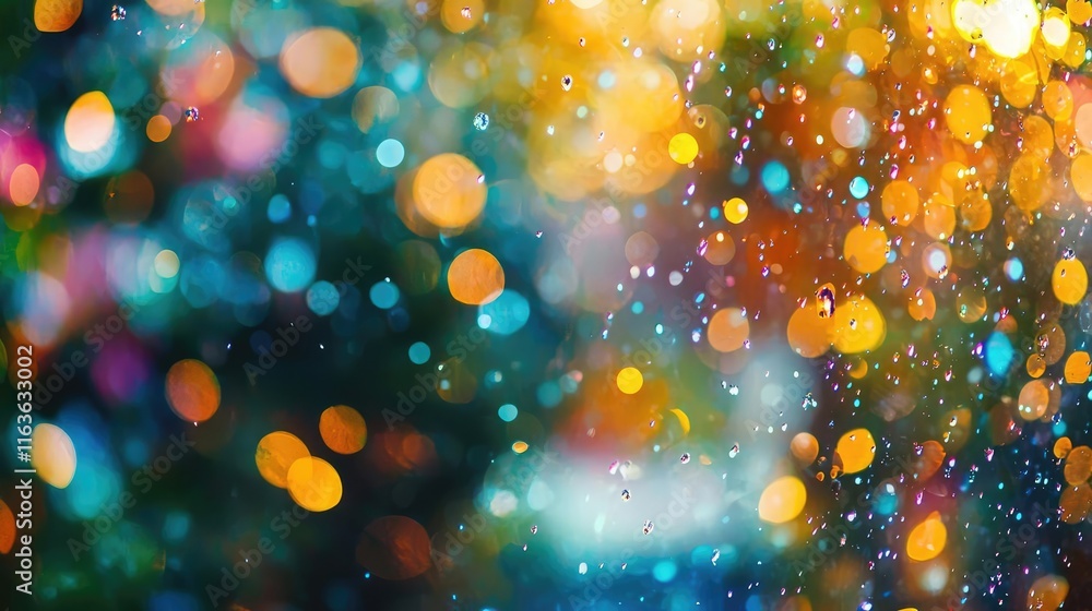 Poster splatter abstract background idea. colorful bokeh background with water droplets reflecting light in