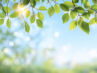 A fresh spring blue sunny sky background with blurred warm sunny glow
