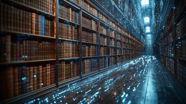 A futuristic holographic library catalog interface showing digital book information