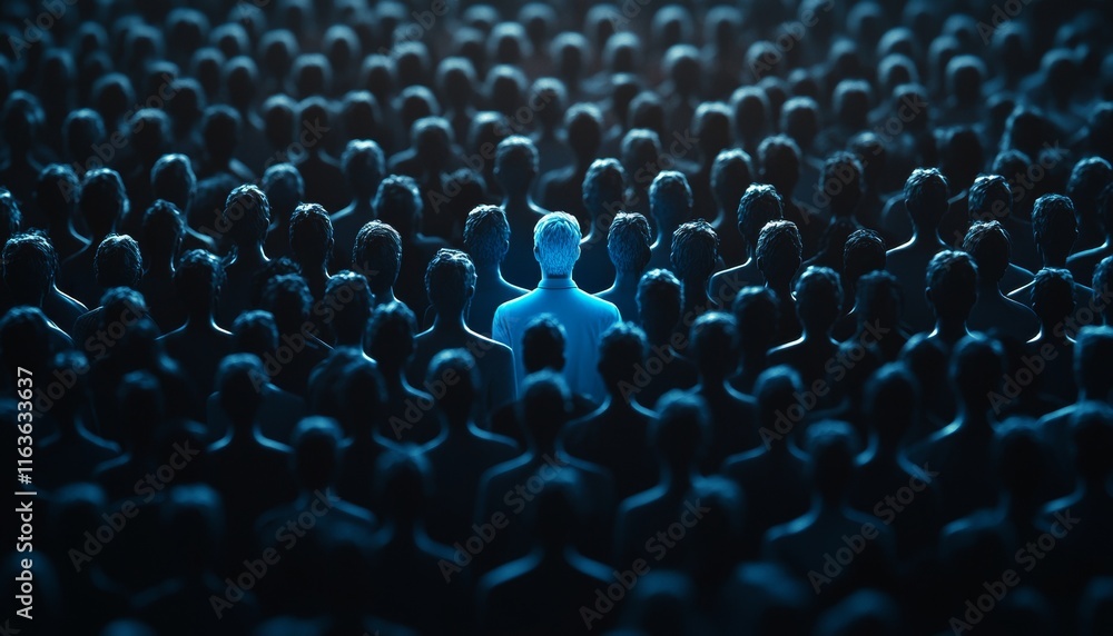 Poster a large group of people standing in front with one person being highlighted and shown as the leader