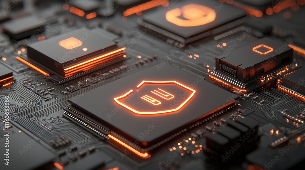 Aufkleber online security is represented by shields with lock icons on a digital circuit board