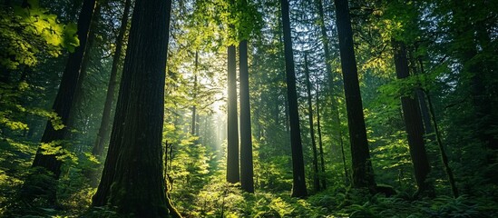 Sunlight filtering through a dense forest canopy.