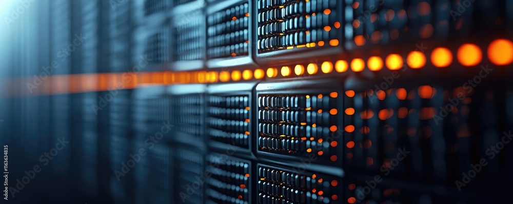 Poster brushed abstract background concept. detailed view of server racks with glowing lights in a modern d