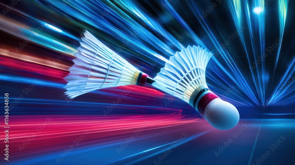 Poster fast-moving shuttlecocks in dynamic light trails.