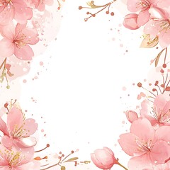 Watercolor Pink Cherry Blossom Frame with White Space for Text or Images.