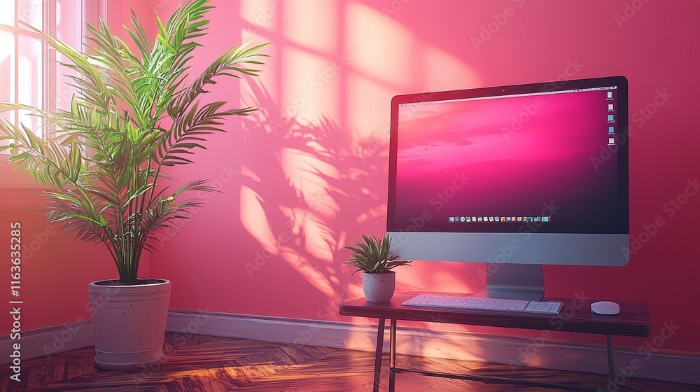 Poster isometric depiction of a stylish and organized home office setup with a desk computer, complemented 
