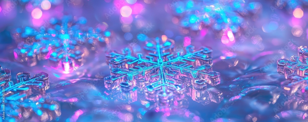 Poster snowflake abstract background idea. vibrant snowflakes illuminated with soft blue and purple lights 