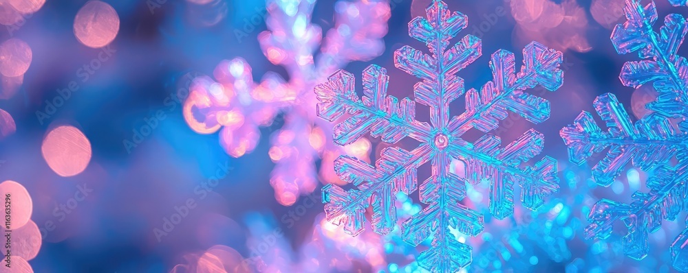 Poster snowflake abstract background idea. beautiful snowflakes illuminated by colorful lights against a dr