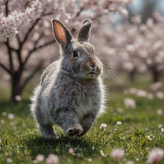 Obraz premium A rabbit cub with iridescent fur running in a field, with blurred cherry blossoms.