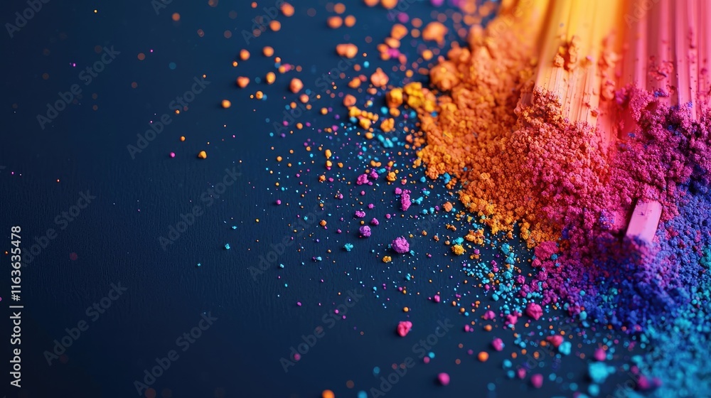 Poster splatter abstract background idea. vibrant and colorful powder spread across a dark surface, creatin