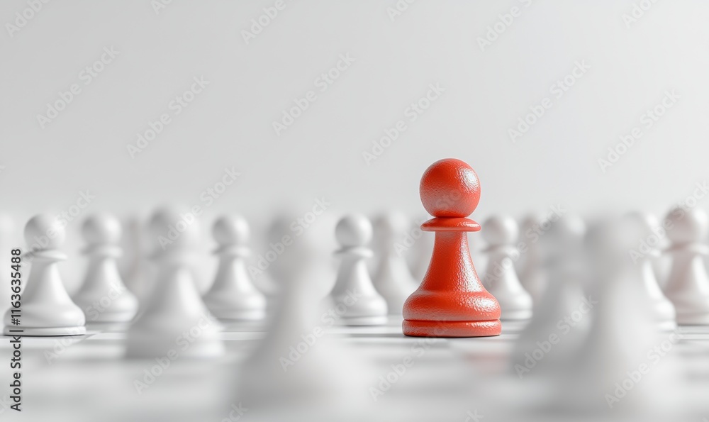 Poster red chess piece standing out on white background, 3d rendering with soft gradient, ideal for strateg