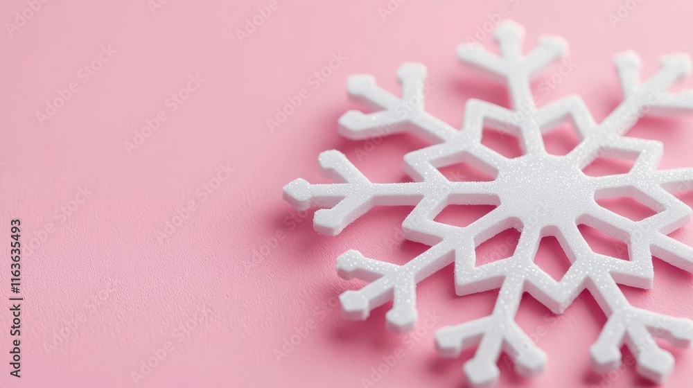Poster snowflake abstract background idea. a close-up of a white snowflake on a soft pink background, evoki