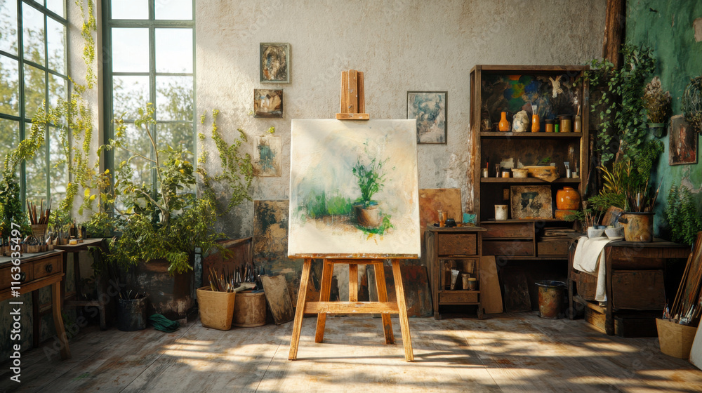 Poster introvert, a photorealistic image of a person engaged in painting, showcasing artistic expression an