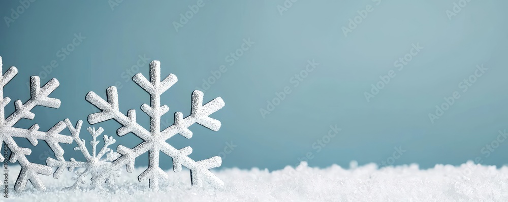Poster snowflake abstract background idea. delicate snowflakes resting on soft white snow against a serene 