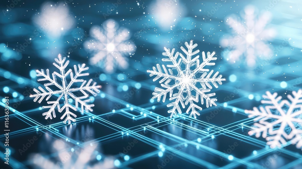 Poster snowflake abstract background idea. beautiful digital snowflakes floating over a blue background, cr