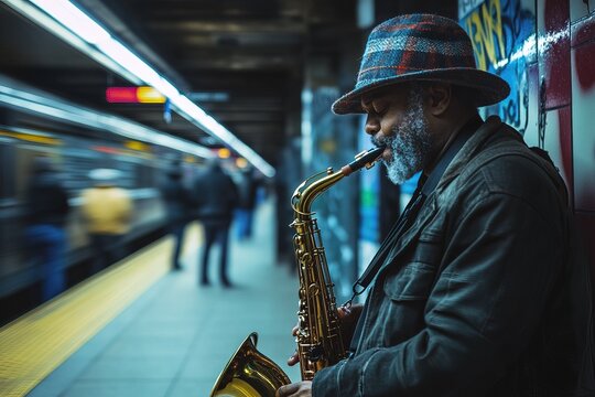 african american elderly man street musician performing with saxophone in a subway station dynamic composition