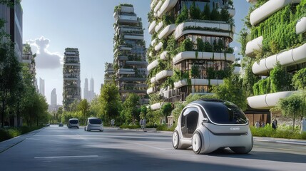 Obraz premium Futuristic Urban Landscape with Eco-Friendly Buildings and Autonomous Vehicles
