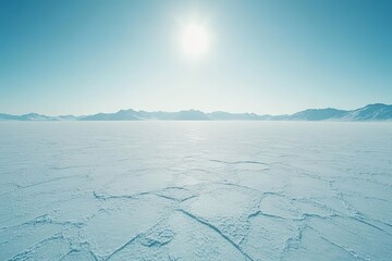 cinematic orthogonal shot of vast featureless sheet of ice perfectly clean and undisturbed surface reflecting soft