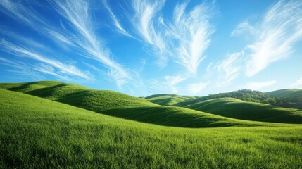 Fototapeta premium A serene landscape of rolling green hills covered with lush grass, set beneath a clear blue sky dotted with wispy, feather-like clouds. 