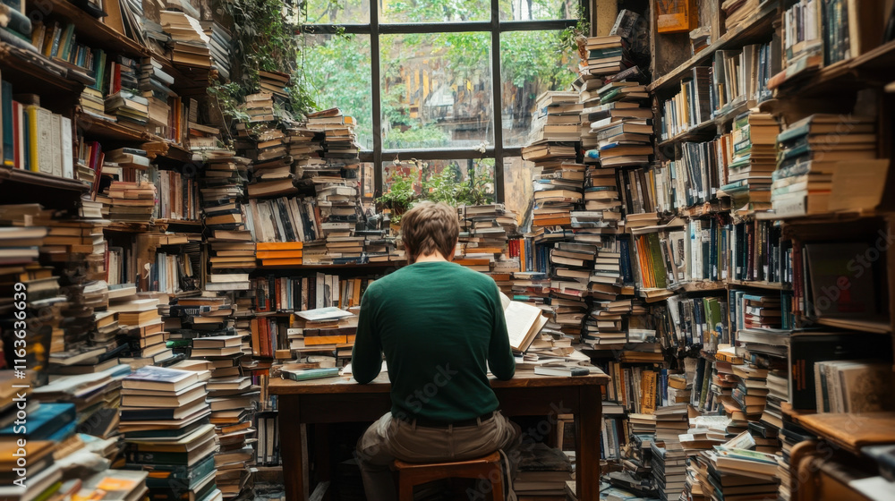 Poster introvert, a peaceful library scene featuring a person reading, showcasing a tranquil atmosphere com