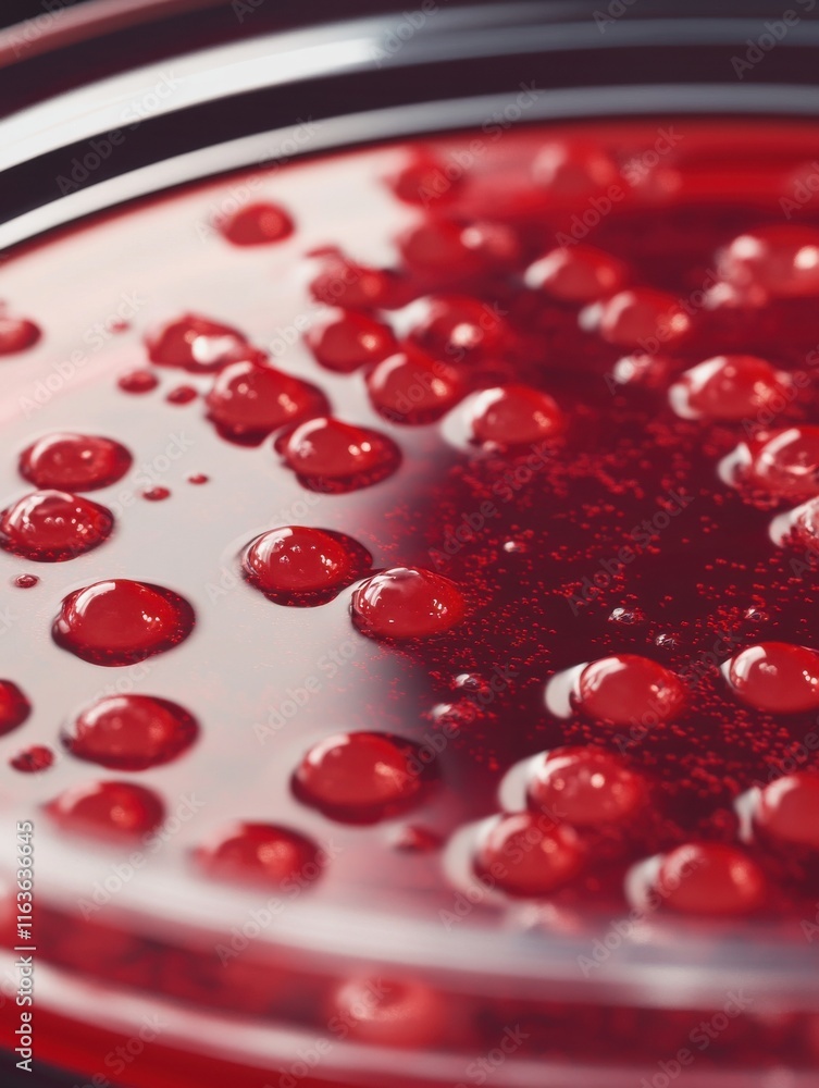 Poster close-up of vibrant red liquid with round bubbles creating an abstract pattern.
