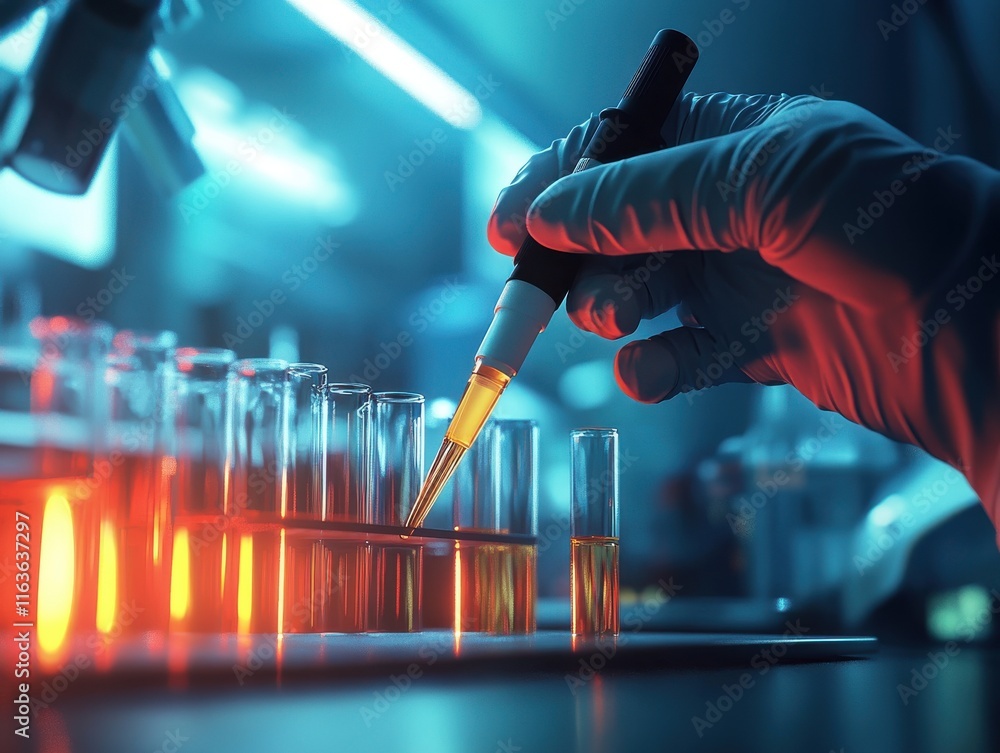 Poster a focused scientist in a lab coat conducts an experiment using a pipette to transfer liquid in test 