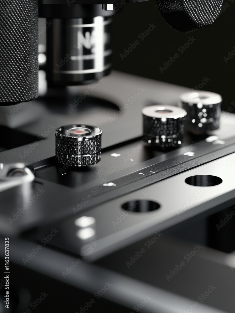 Aufkleber close-up of a precision microscope showcasing intricate dials and machinery under soft lighting.