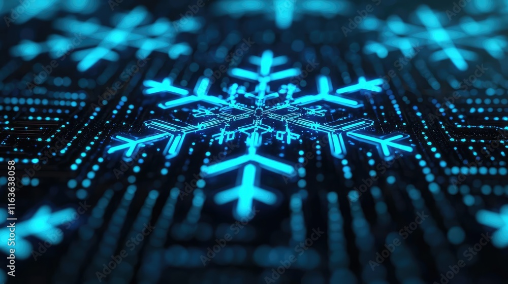 Poster snowflake abstract background idea. a vibrant digital snowflake design illuminated with blue lights 