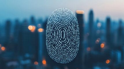 Fingerprint scan over city skyline symbolizes security and identity