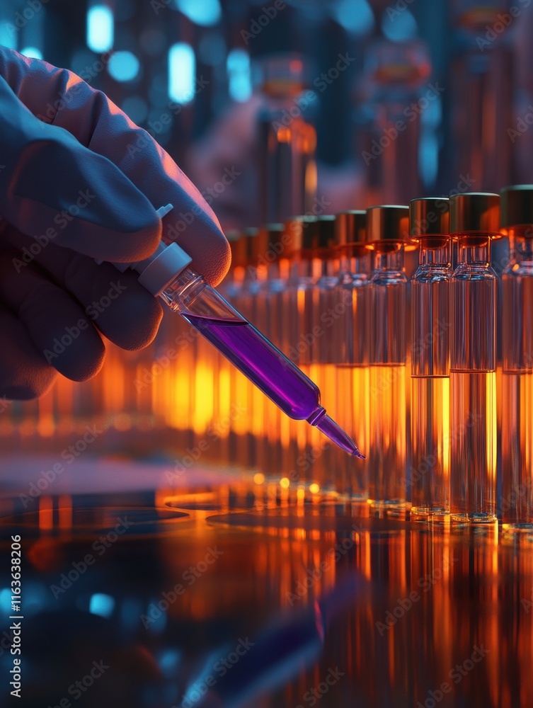 Poster a scientist in a glove carefully injects purple liquid from a pipette into a vial in a laboratory se