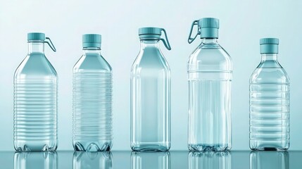 A set of sport water bottles in various shapes and sizes, made of clear glass and BPA-free plastic with ergonomic grips and flip-top caps.