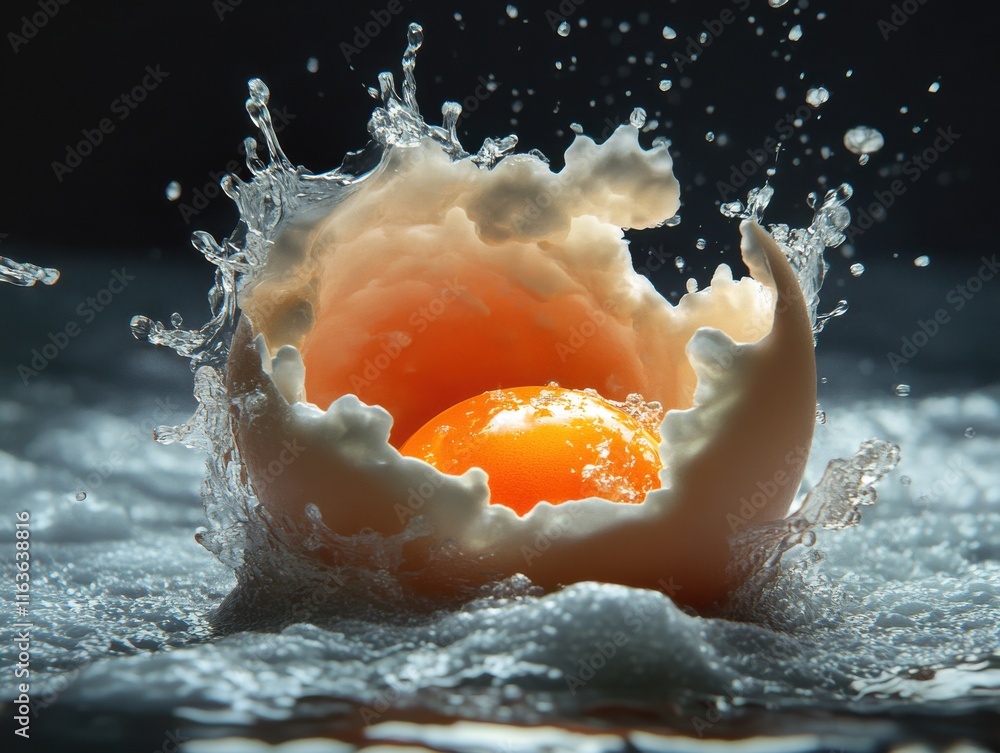 Poster a vibrant egg yolk splashes out of a cracked shell, surrounded by dynamic water droplets, creating a