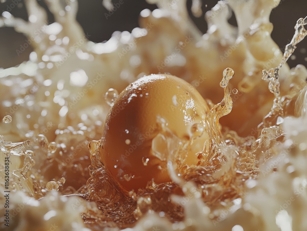Aufkleber an orange egg splashes into a pool of liquid, creating a dynamic and captivating water spray.