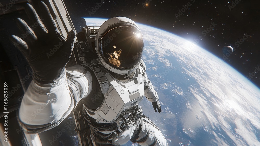 Poster astronaut floating in space waving at the camera with earth visible behind