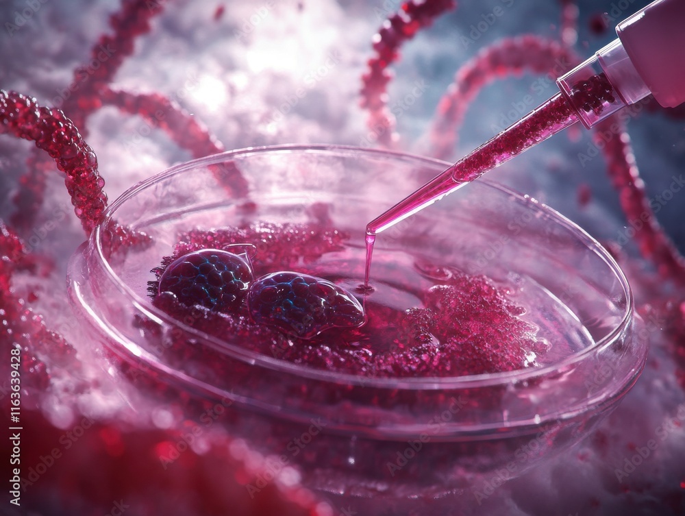 Poster close-up of a lab technician's hand, with a pipette adding vivid red liquid into a petri dish with c