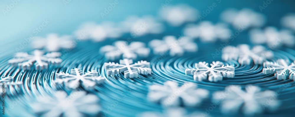 Poster snowflake abstract background idea. close-up of floating snowflakes on a serene blue surface, evokin