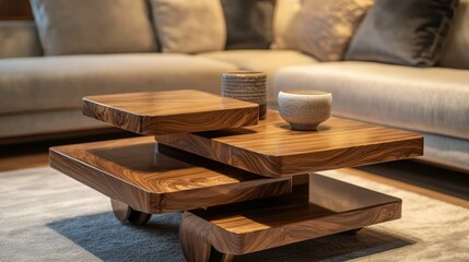 A sleek handmade wooden coffee table with a three-step trolley design, crafted from polished walnut wood. The table features smooth edges and a glossy finish, with three distinct tiers for storage. 