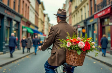 Fototapeta premium Man carrying a flower basket for Valentine's Day and Women's Day on a street