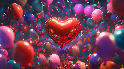 Vibrant Birthday Party Scene Filled with Colorful Balloons and Heart-Shaped Decorations, Perfect for Celebrations and Festive Gatherings