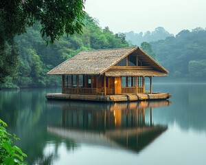 Fototapeta premium Floating bamboo raft house amidst lush greenery on a tranquil lake high-resolution photography serene environment nature's beauty